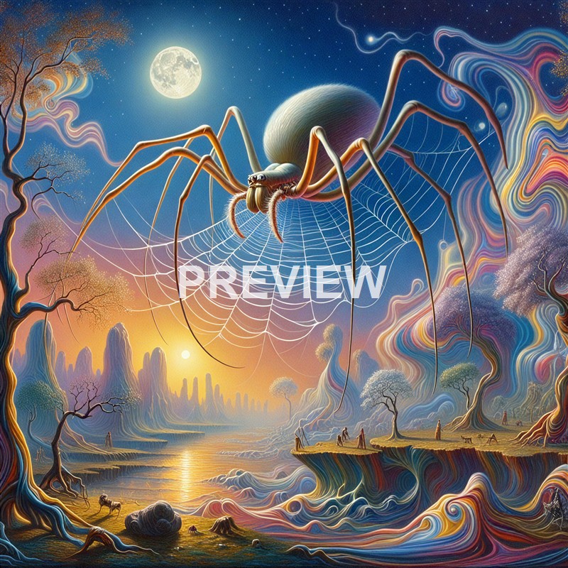 A surreal, colorful landscape featuring a giant spider with an enlarged body and detailed web, set against a mystical sky with a full moon, swirling clouds, and stylized trees and mountains.